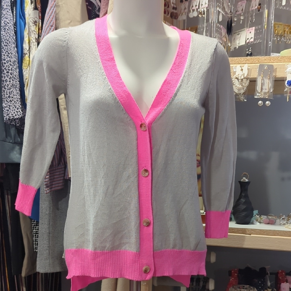 Love By Design Gray Cardigan with Pink Trim